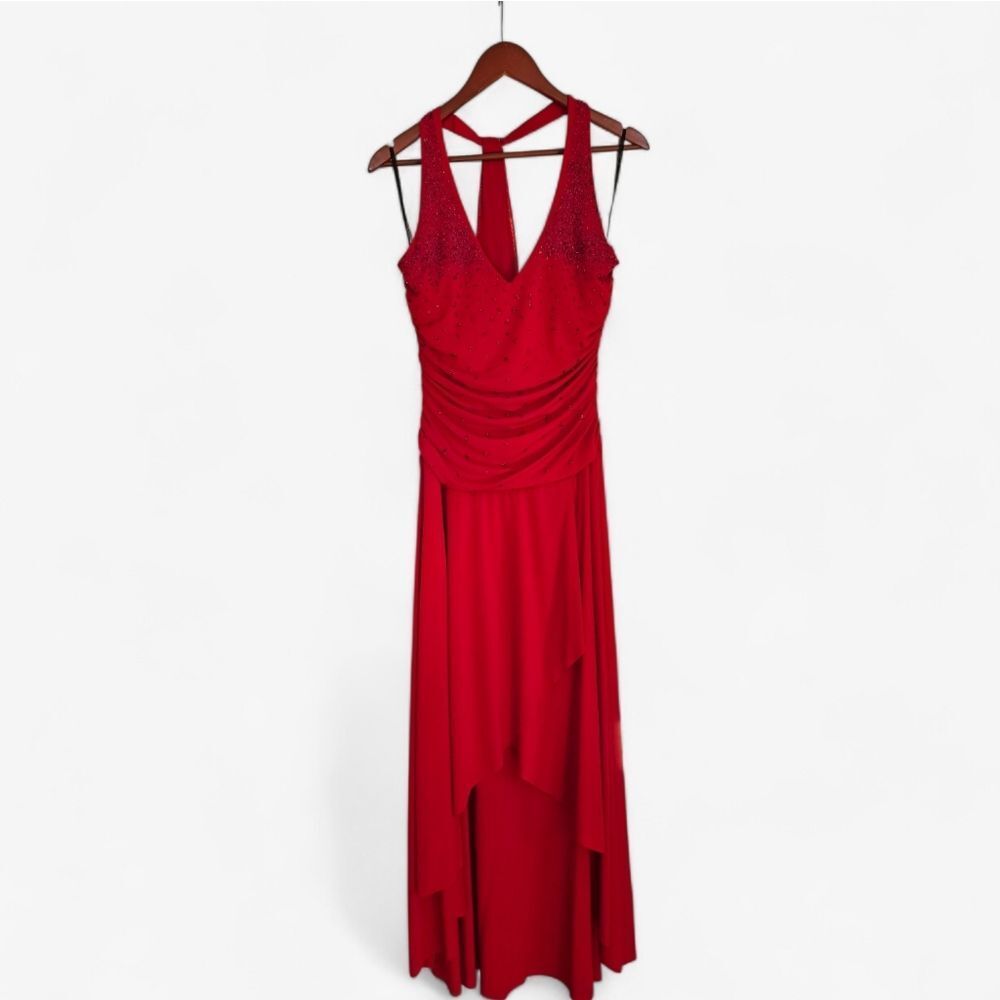 Vintage Fanny USA Y2K '90s Burgundy Beaded Ruched Fairy Halter Cocktail Dress L